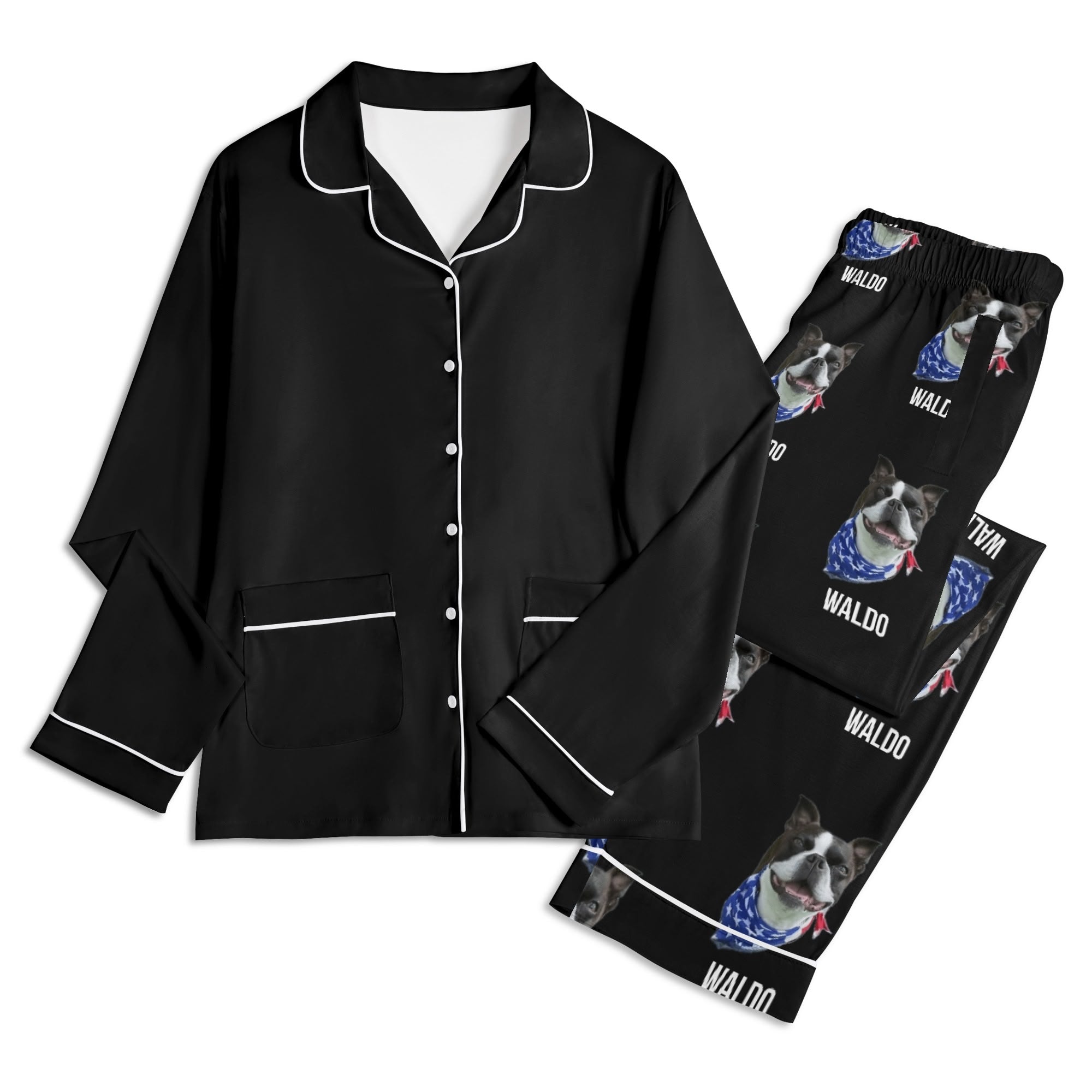 Custom Dog Portrait Unisex Long Sleeve Adult Nightwear Pajama Set Using Dog Photo and Name