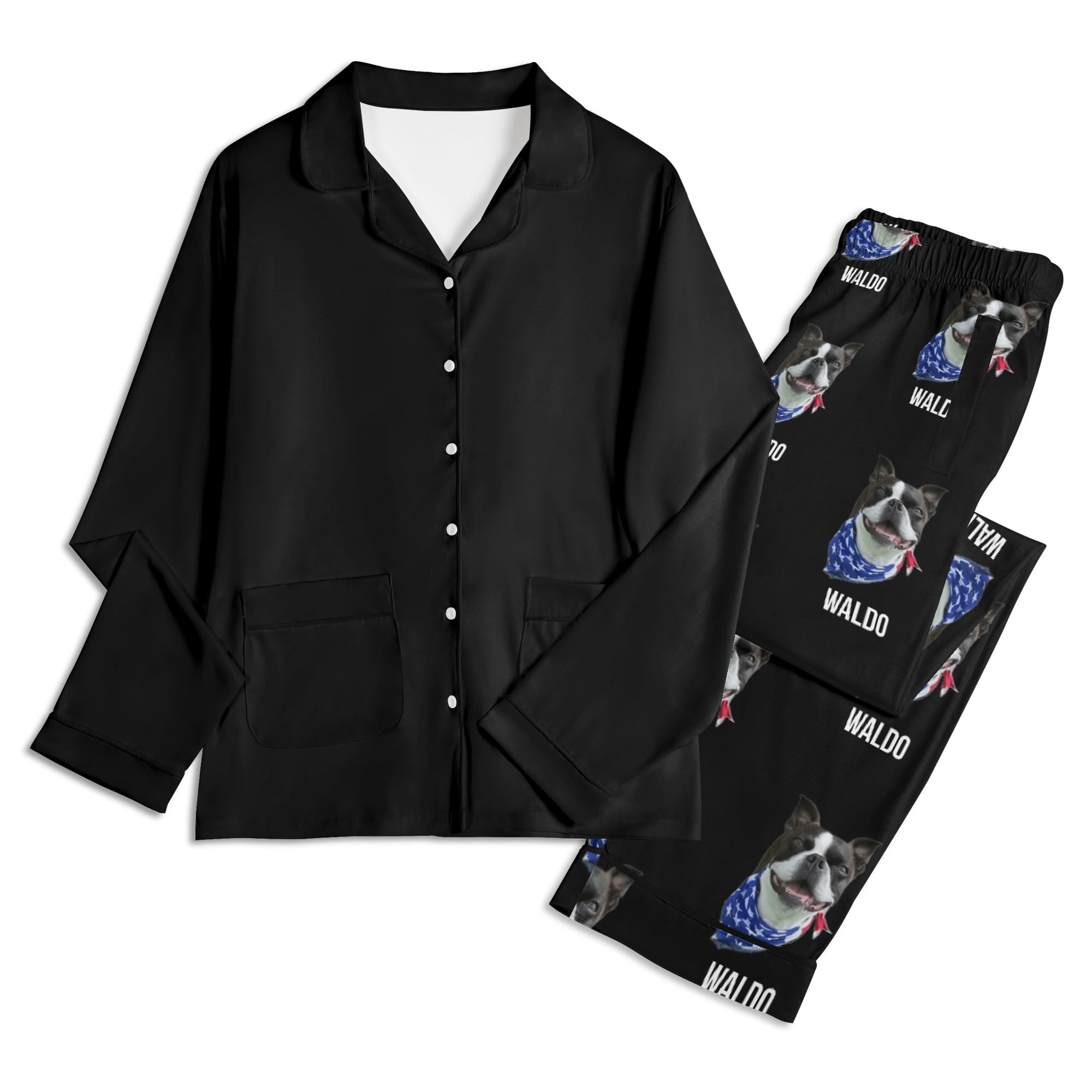 Custom Dog Portrait Unisex Long Sleeve Adult Nightwear Pajama Set Using Dog Photo and Name