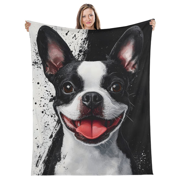 Black and White Boston Terrier Portrait Art Flannel Blanket