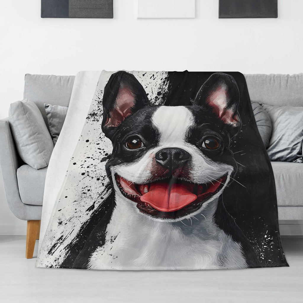 Black and White Boston Terrier Portrait Art Flannel Blanket