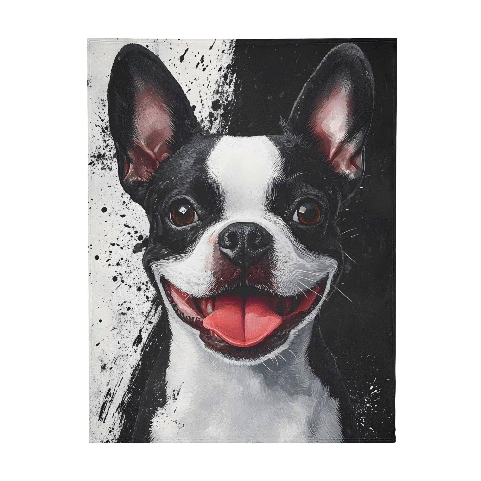 Black and White Boston Terrier Portrait Art Flannel Blanket