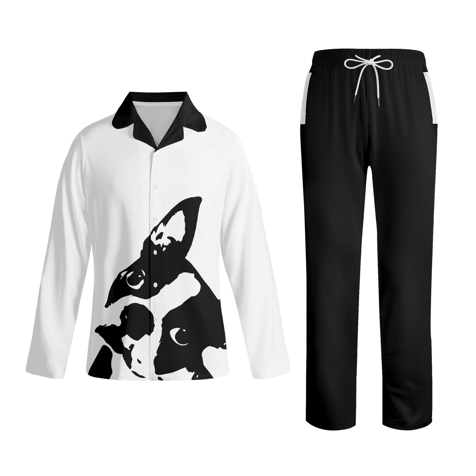【muse mood】New York Dog pajama Boston Terrier Dog Head Tilt Unisex Notch Collar Long-Sleeve