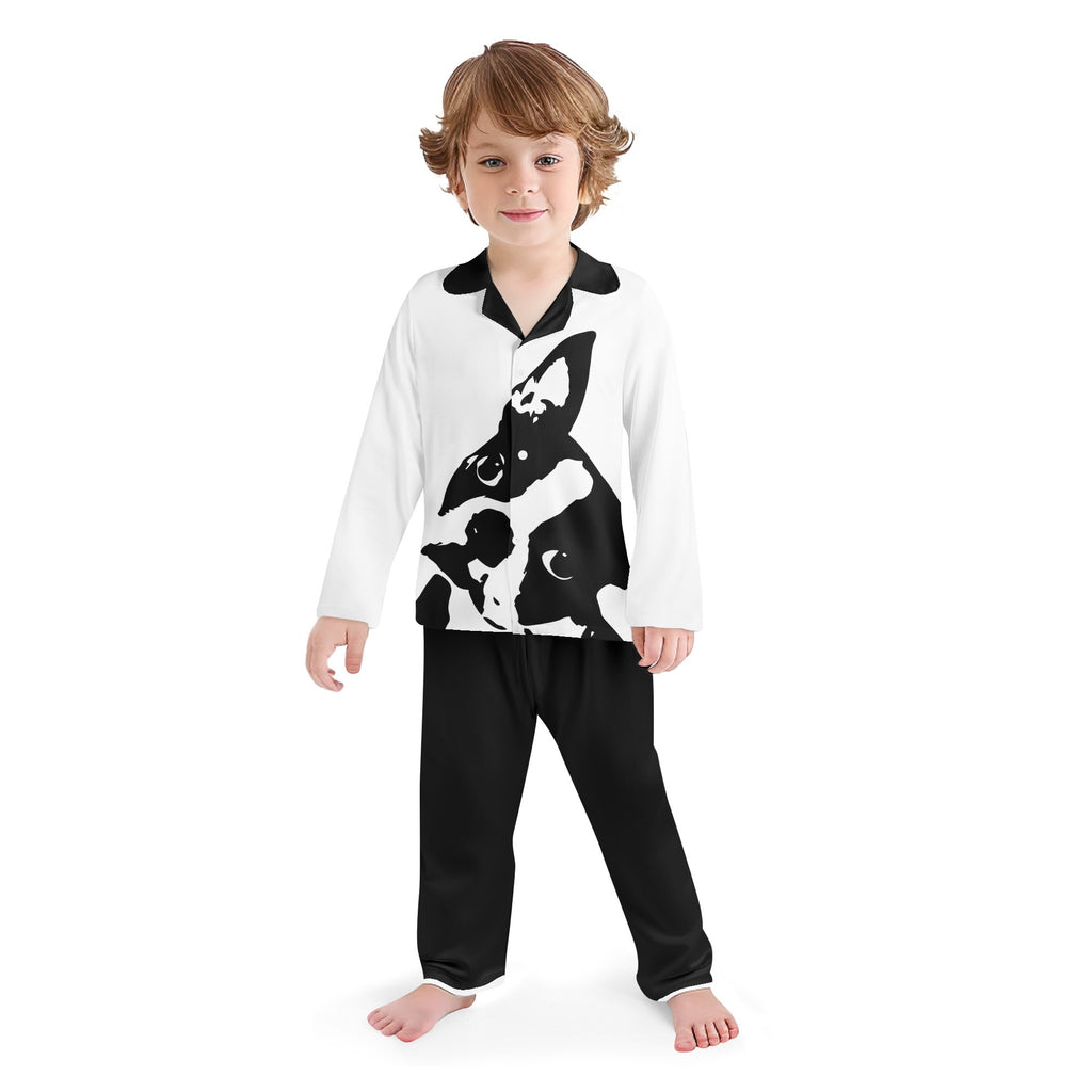 Boston Terrier Dog Head Tilt Kids Collar Design Long Nightwear Pajama Set