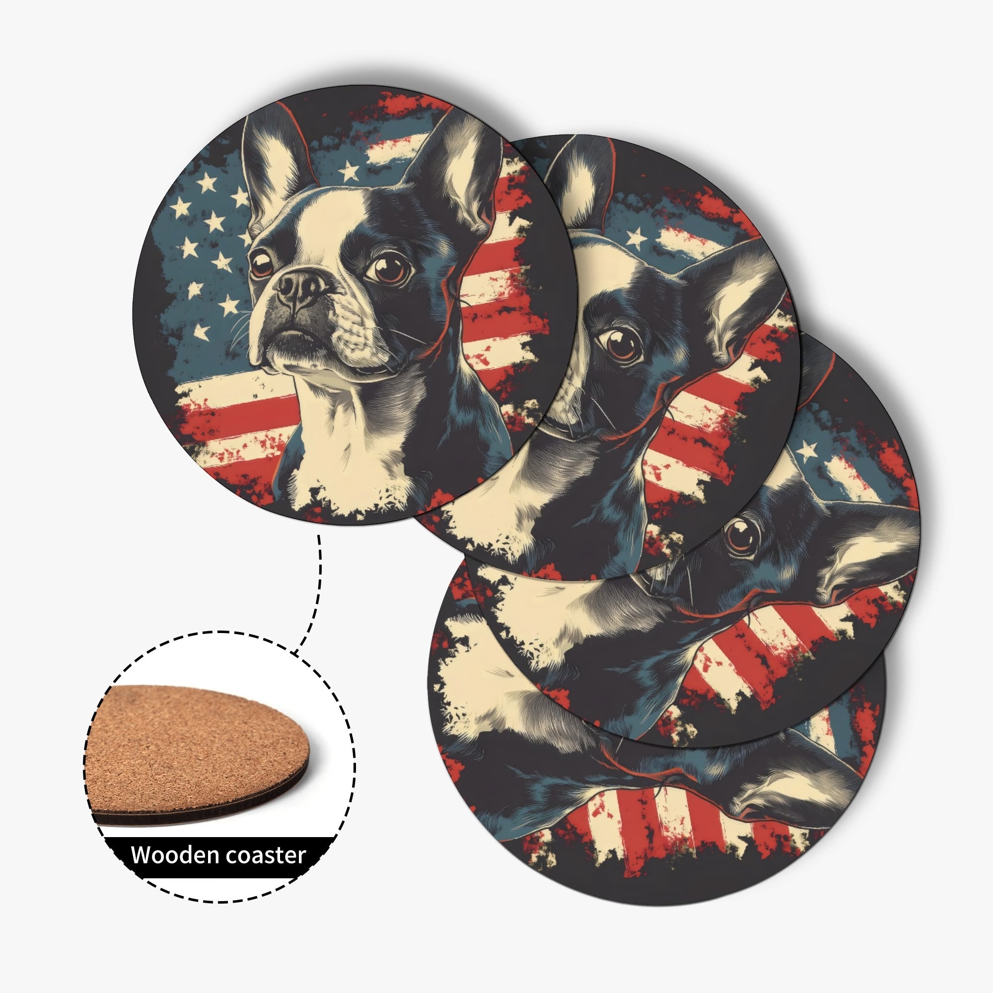 Patriotic Boston Terrier USA Flag Wood Coaster (4 Pcs)