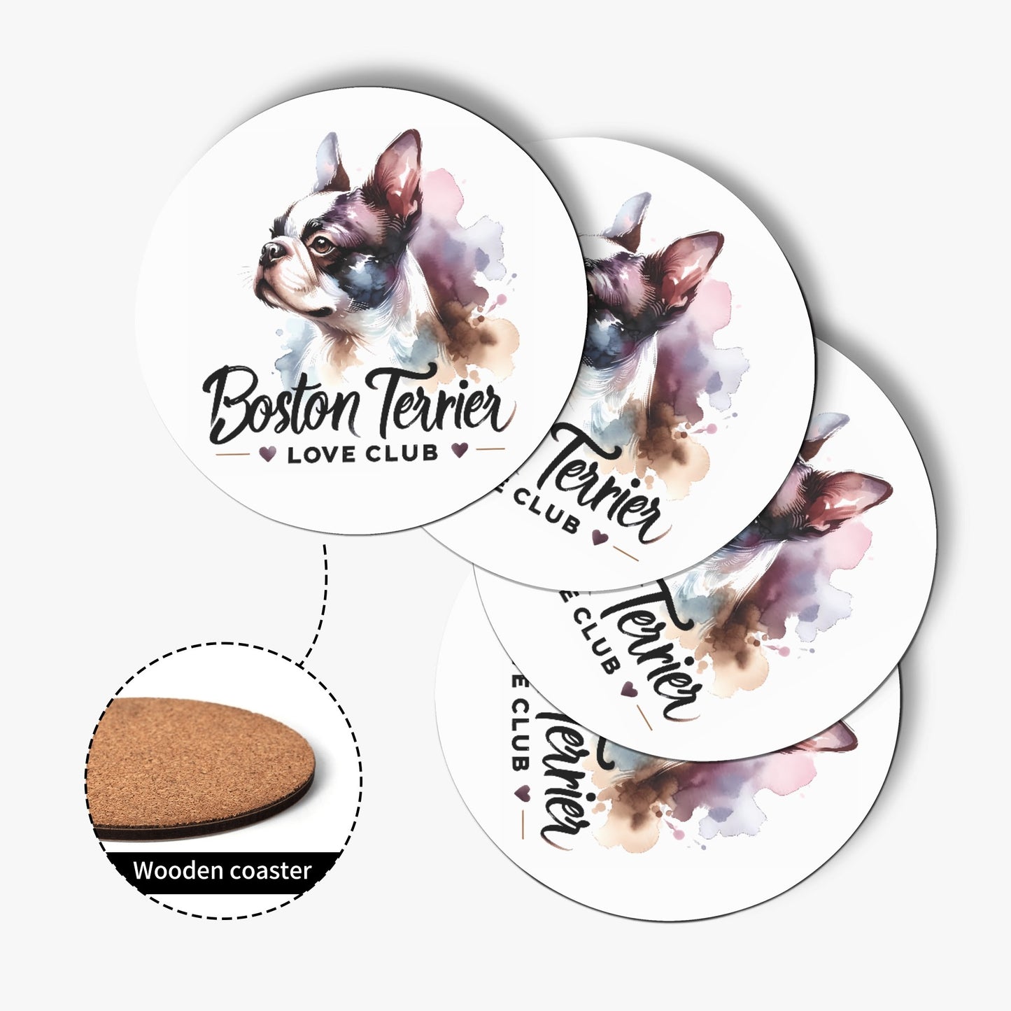 Boston Terrier Love Club Wood Coaster (4 Pcs)