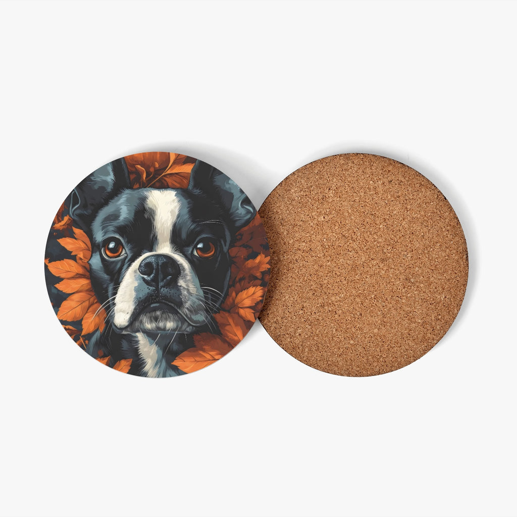 Autumnal Pumpkin Boston Terrier Face Wood Coaster (4 Pcs)