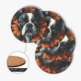 Autumnal Pumpkin Boston Terrier Face Wood Coaster (4 Pcs)