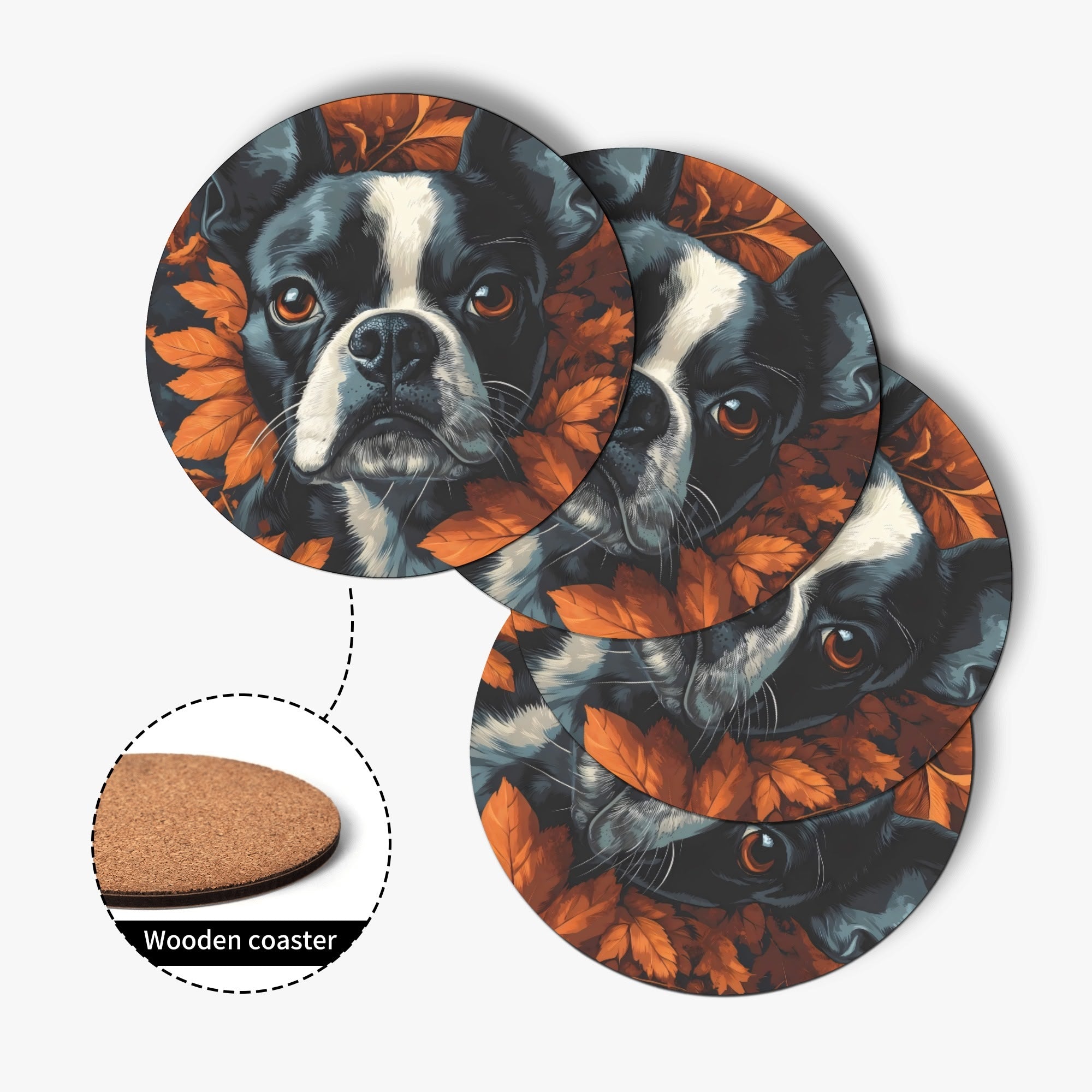 Autumnal Pumpkin Boston Terrier Face Wood Coaster (4 Pcs)