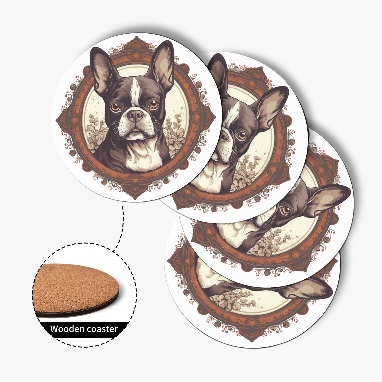 Vintage-Inspired Red Brown Boston Terrier Wood Coaster (4 Pcs)