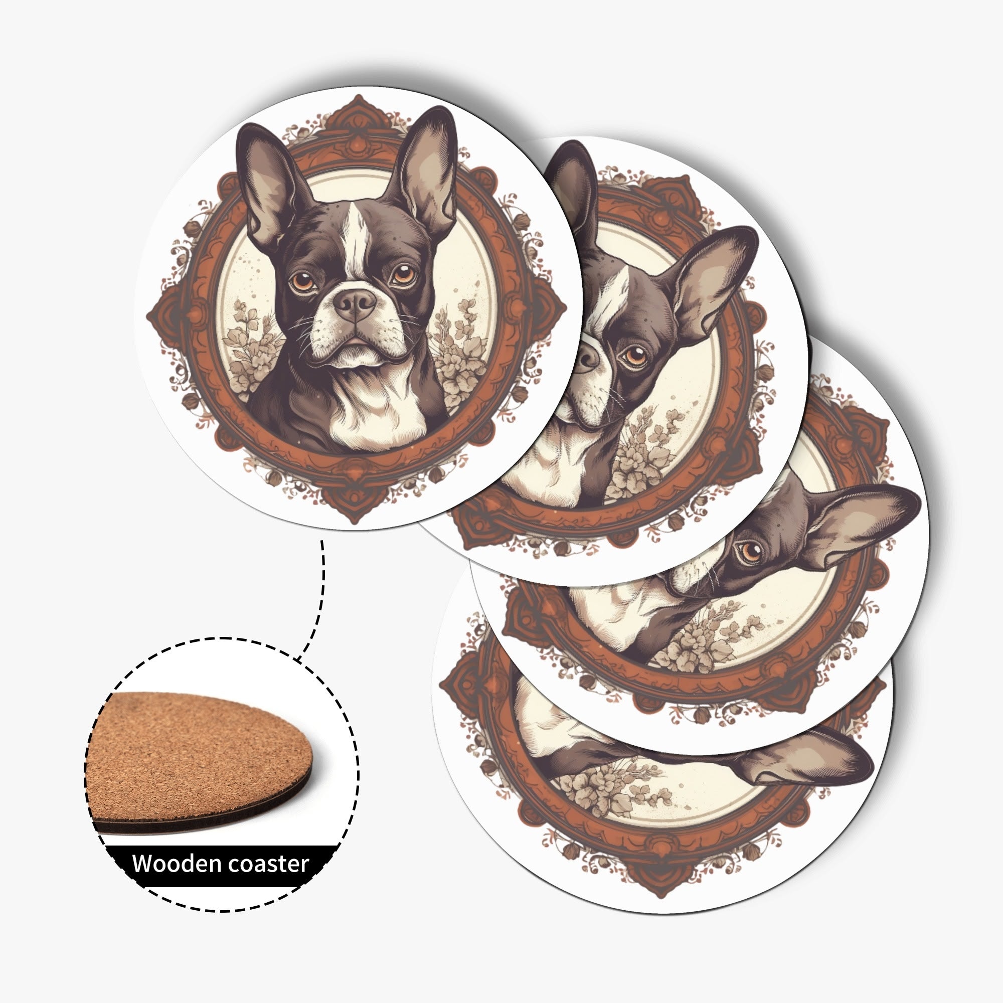 Vintage-Inspired Red Brown Boston Terrier Wood Coaster (4 Pcs)