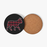 Red Plaid Boston Terrier Dog Silhouette Wood Coaster (4 Pcs)