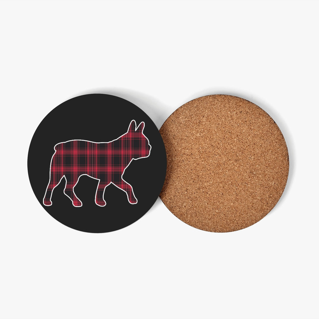 Red Plaid Boston Terrier Dog Silhouette Wood Coaster (4 Pcs)