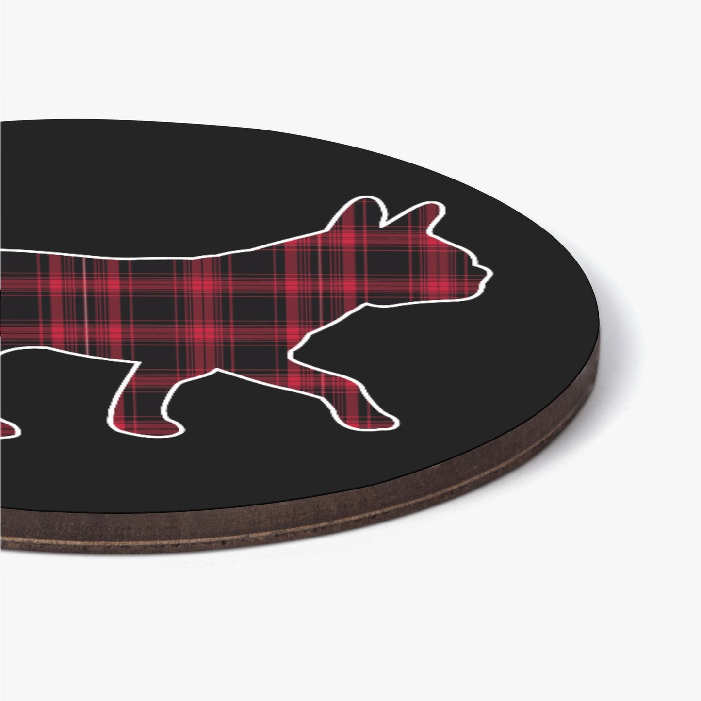 Red Plaid Boston Terrier Dog Silhouette Wood Coaster (4 Pcs)