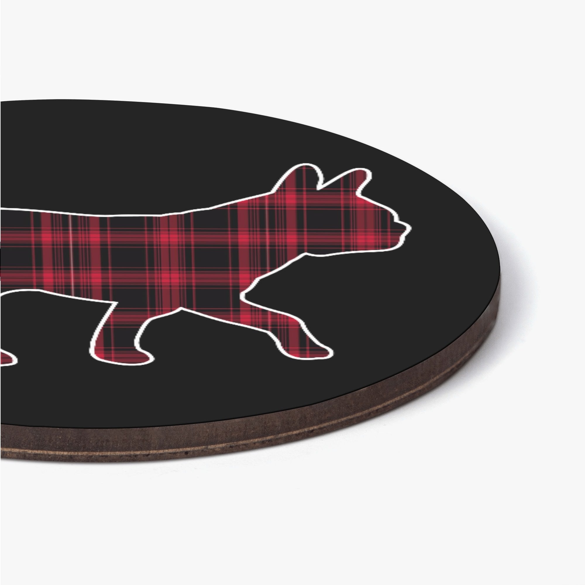 Red Plaid Boston Terrier Dog Silhouette Wood Coaster (4 Pcs)