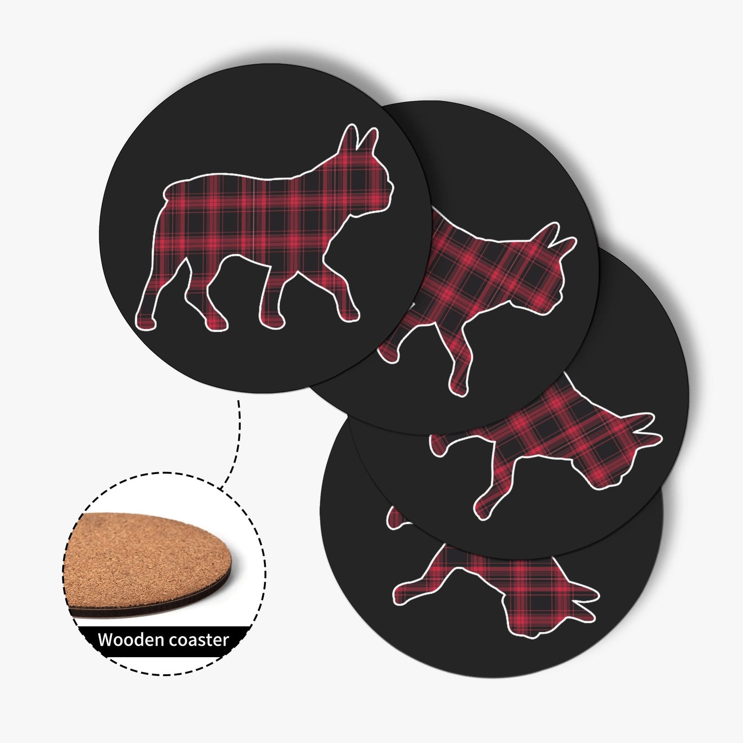 Red Plaid Boston Terrier Dog Silhouette Wood Coaster (4 Pcs)