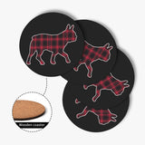 Red Plaid Boston Terrier Dog Silhouette Wood Coaster (4 Pcs)