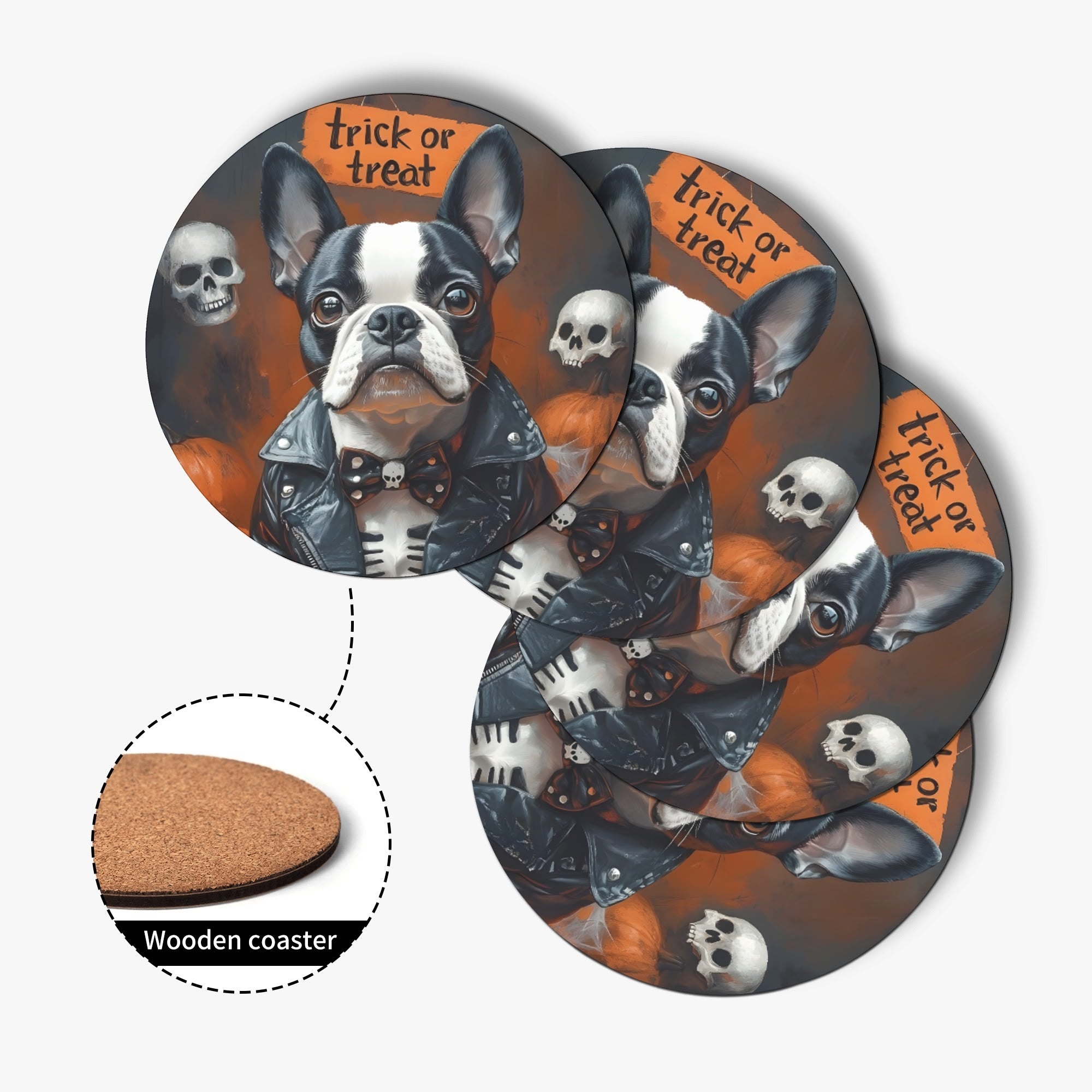 Halloween Boston Terrier Trick or Treat Wood Coaster (4 Pcs)