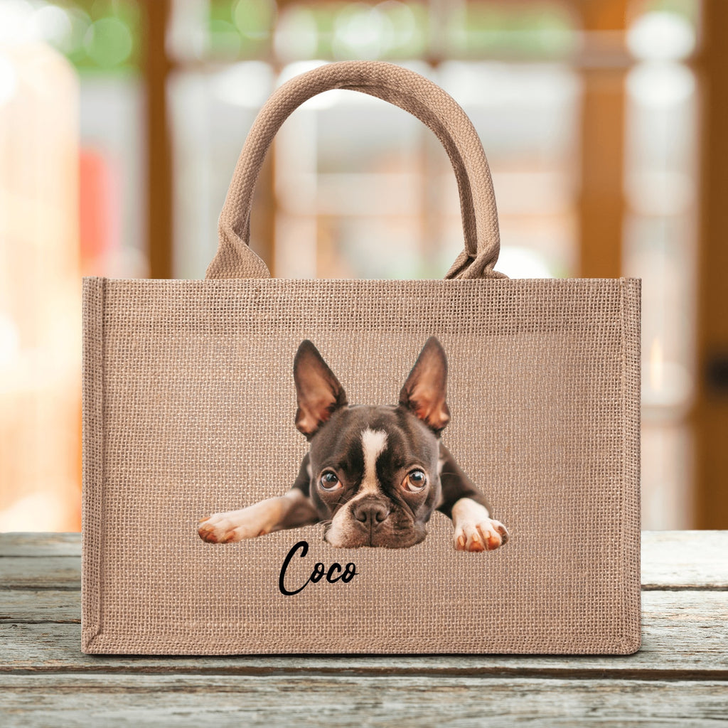 Custom Reusable Jute Burlap Tote Bag With Dogs Photo And Name