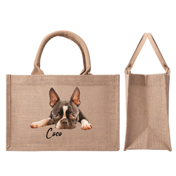 Custom Reusable Jute Burlap Tote Bag With Dogs Photo And Name