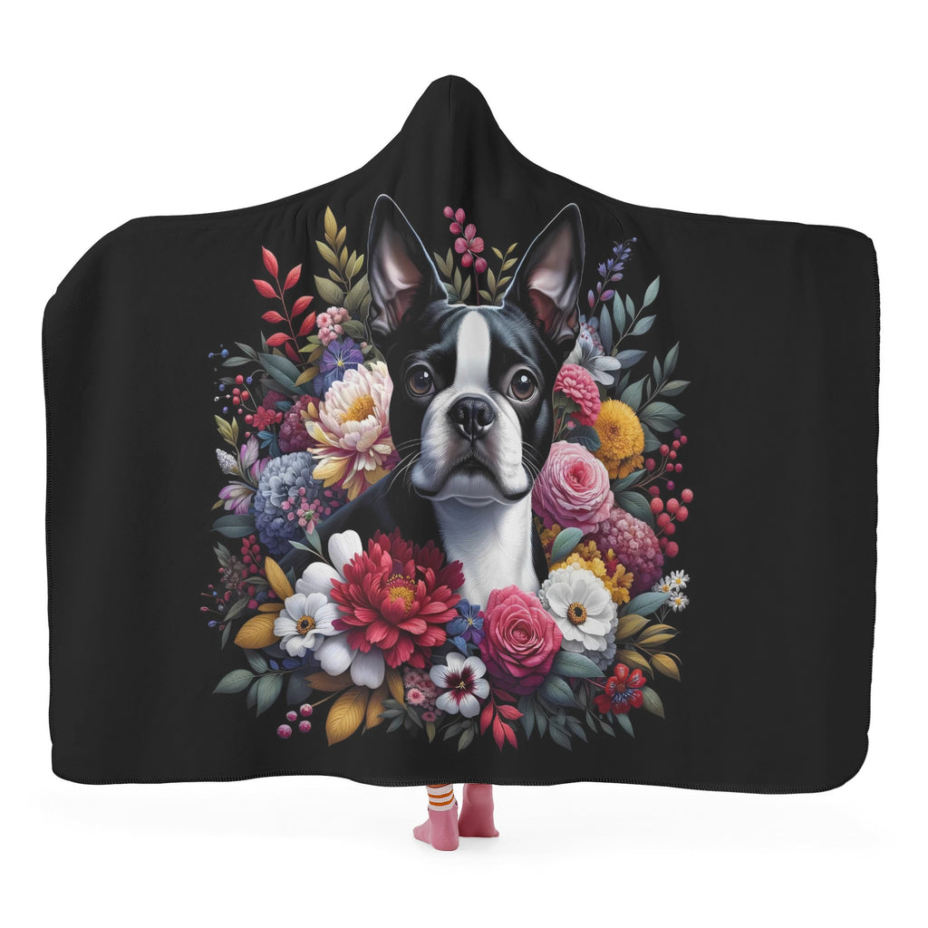 Floral Boston Terrier Dog Hooded Blanket for Adults and Kids