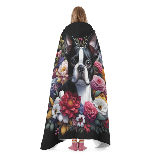 Floral Boston Terrier Dog Hooded Blanket for Adults and Kids