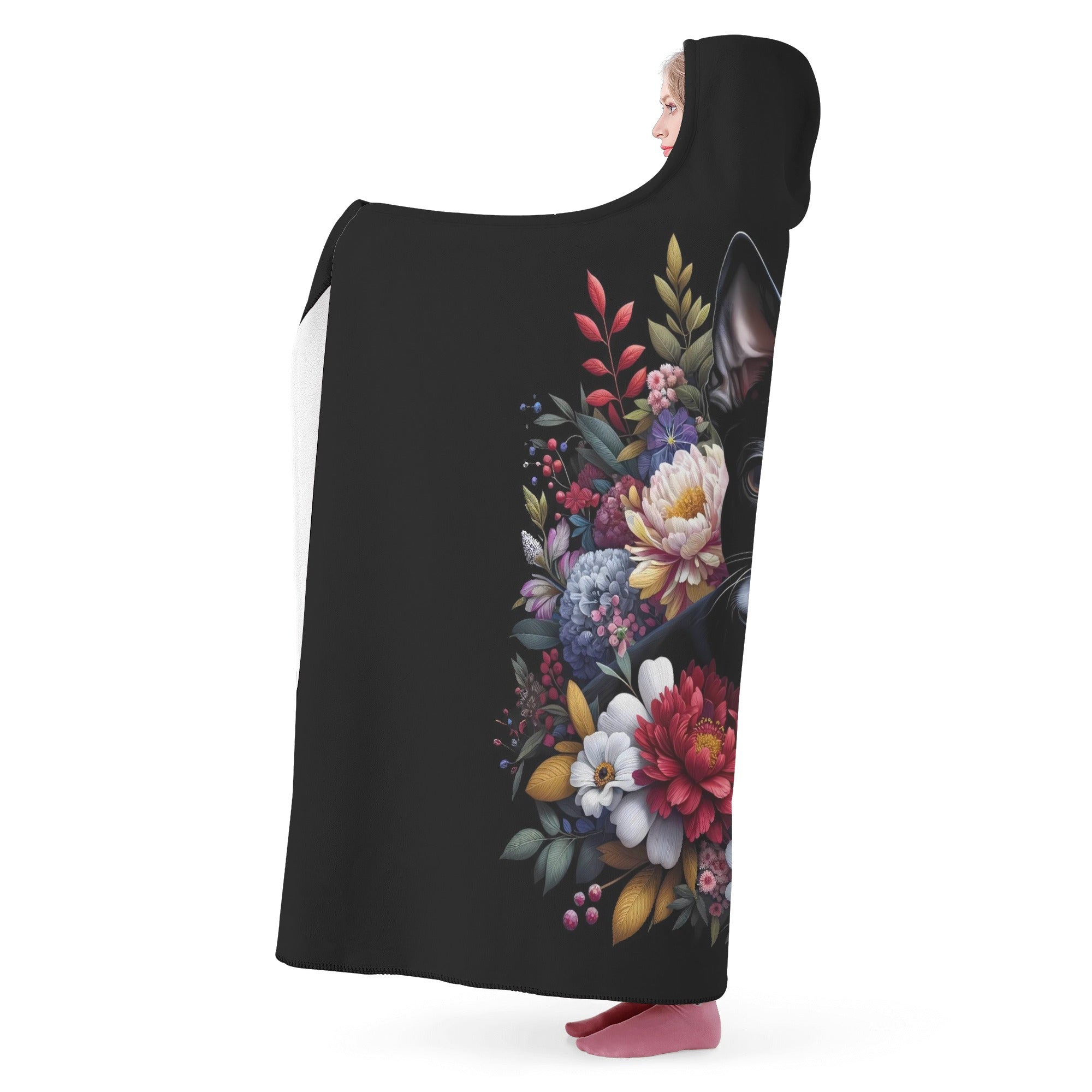 Floral Boston Terrier Dog Hooded Blanket for Adults and Kids