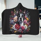 Floral Boston Terrier Dog Hooded Blanket for Adults and Kids
