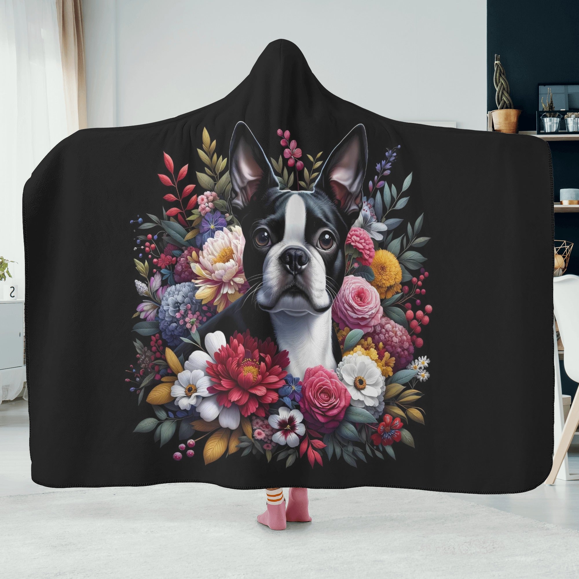 Floral Boston Terrier Dog Hooded Blanket for Adults and Kids