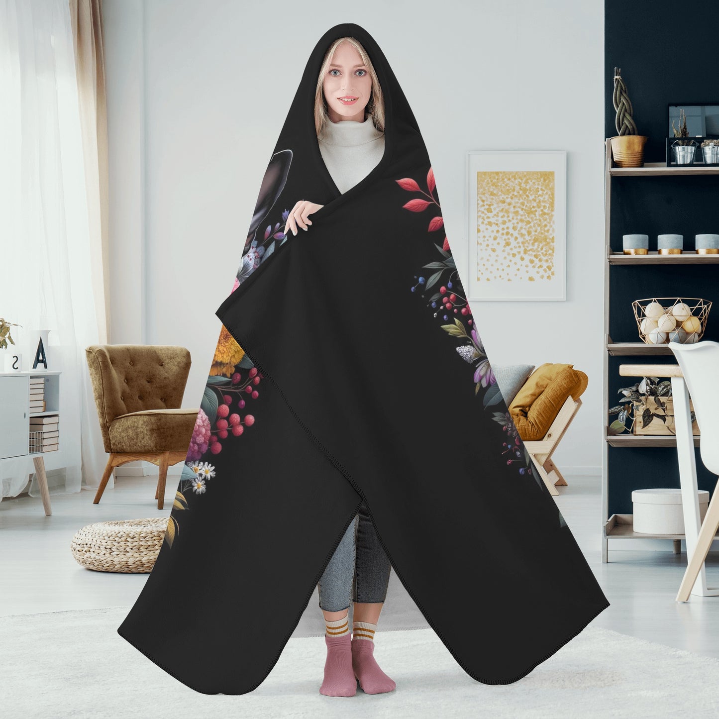 Floral Boston Terrier Dog Hooded Blanket for Adults and Kids