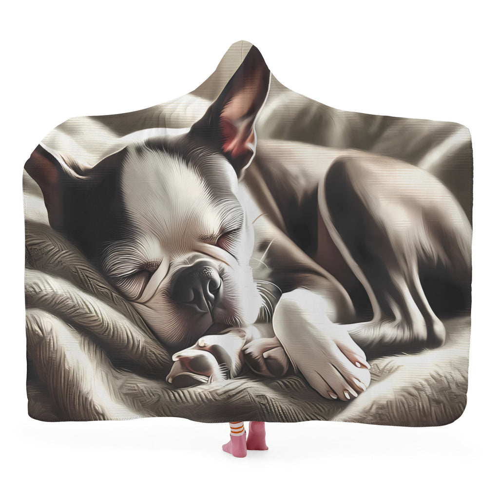 Senior Boston Terrier Dog Sleeping Peacefully Hooded Blanket for Adults and Kids