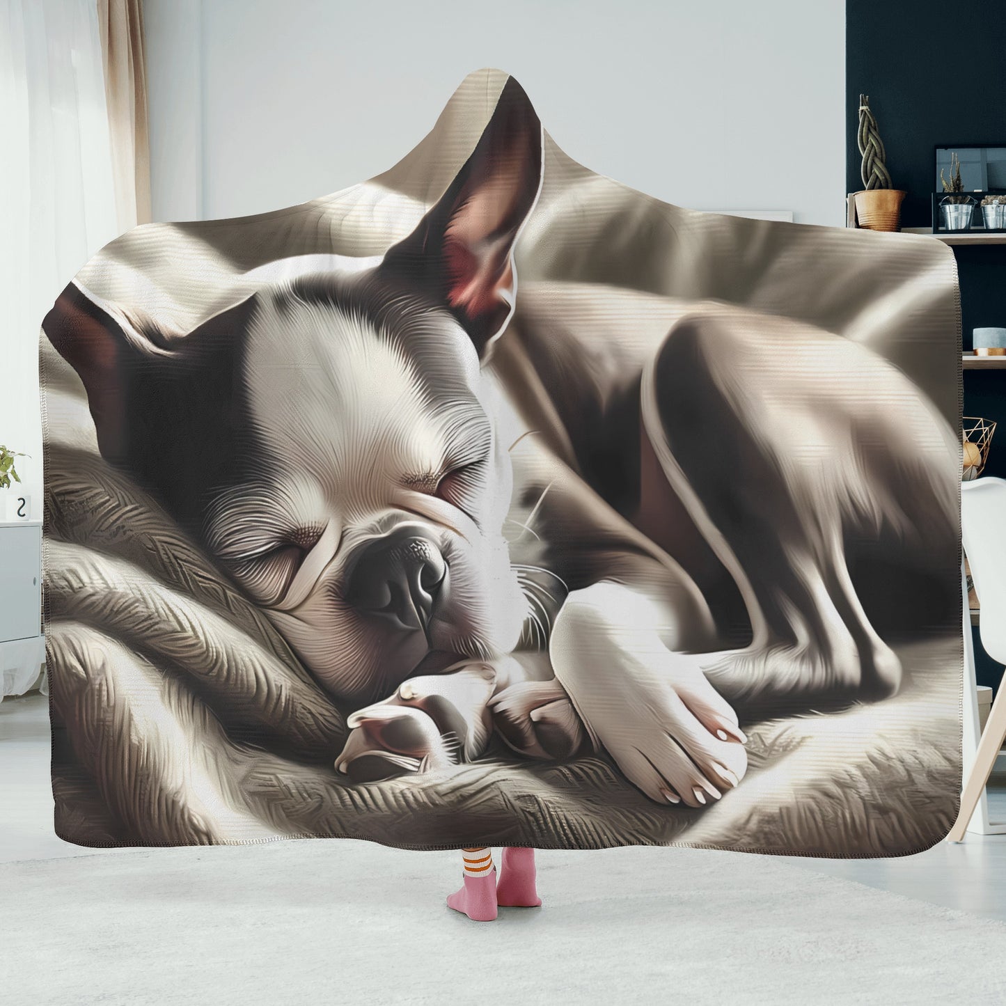 Senior Boston Terrier Dog Sleeping Peacefully Hooded Blanket for Adults and Kids