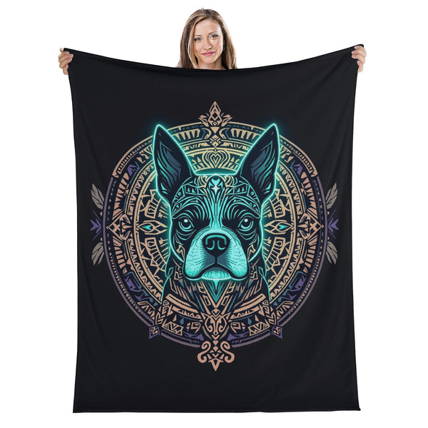 Aztec Polynezian Art Boston Terrier Dog Flannel Blanket