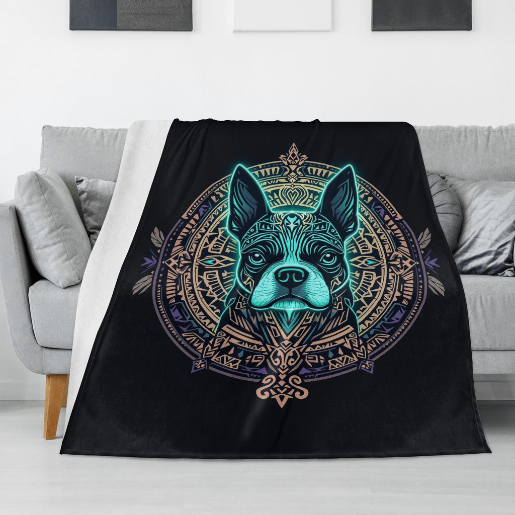 Aztec Polynezian Art Boston Terrier Dog Flannel Blanket