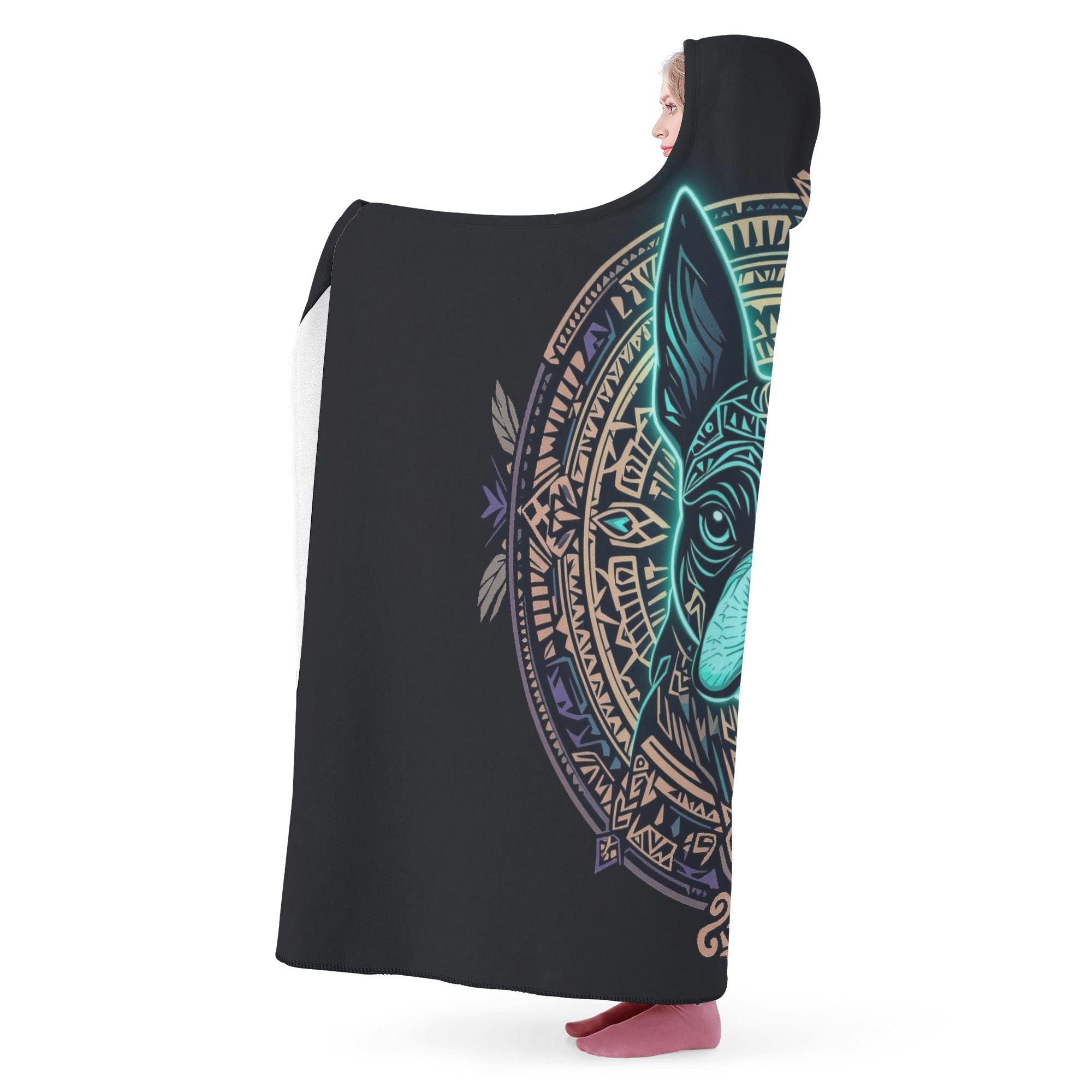 Aztec Polynesian Art Boston Terrier Hooded Blanket for Adult and Kids