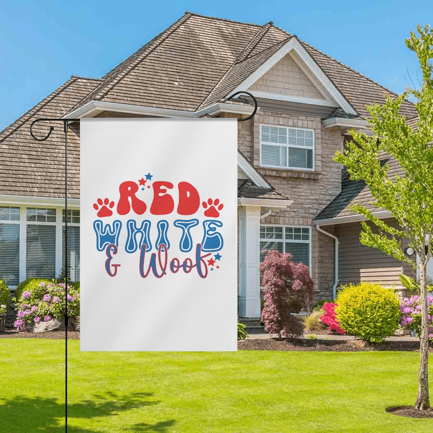 Red White and Woof 4th of July Retro Satin Garden Flag Banner 12X18 In