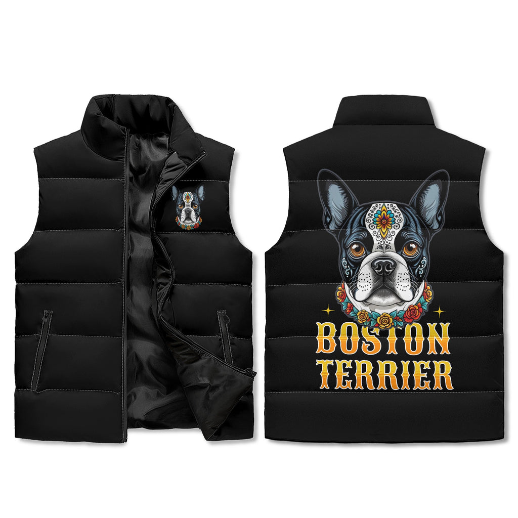 Boston Terrier Dog Sugar Skull Unisex Lightweight Zip Up Puffer Vest