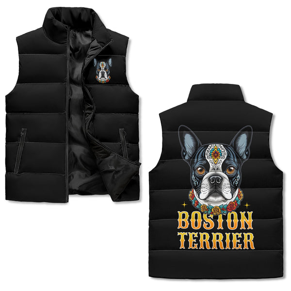 Boston Terrier Dog Sugar Skull Unisex Lightweight Zip Up Puffer Vest