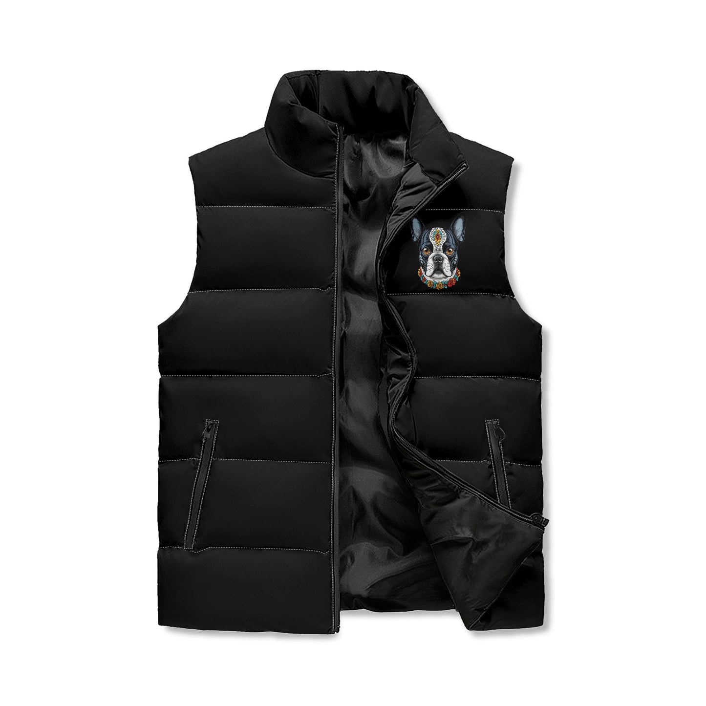Boston Terrier Dog Sugar Skull Unisex Lightweight Zip Up Puffer Vest