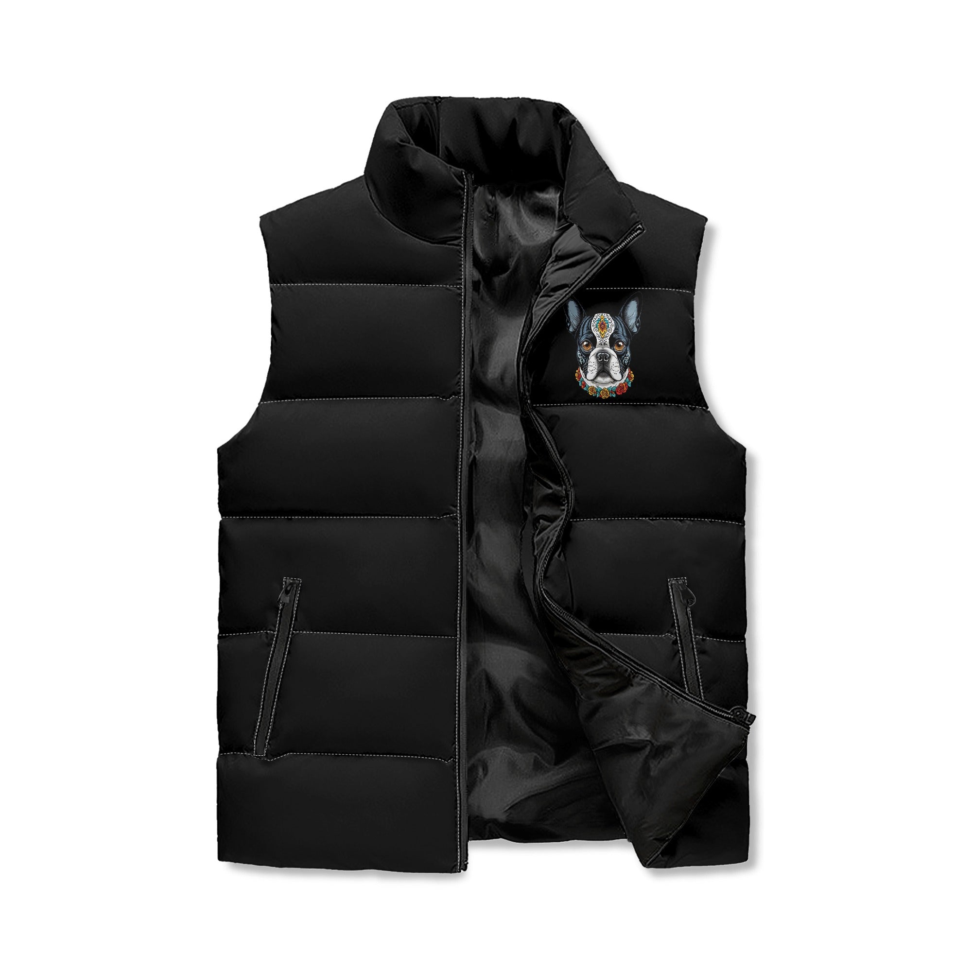 Boston Terrier Dog Sugar Skull Unisex Lightweight Zip Up Puffer Vest
