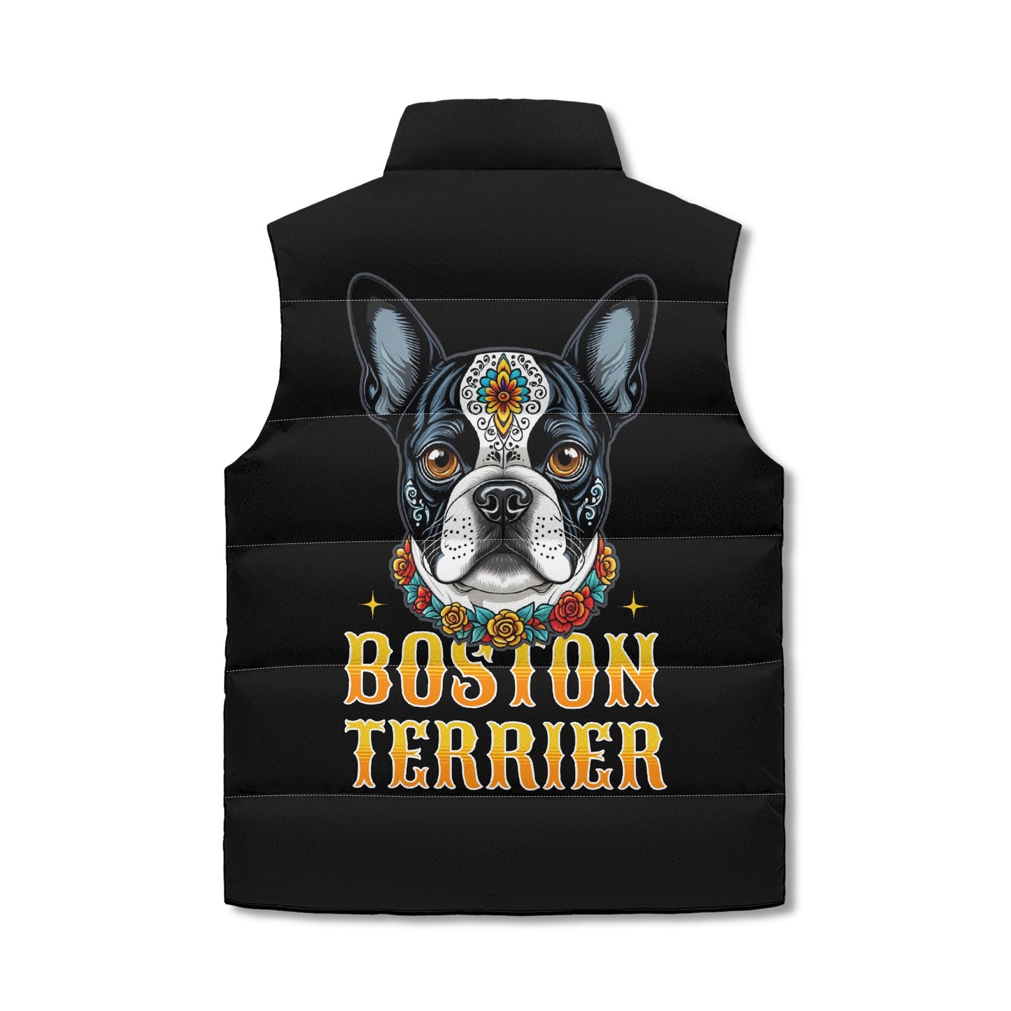 Boston Terrier Dog Sugar Skull Unisex Lightweight Zip Up Puffer Vest
