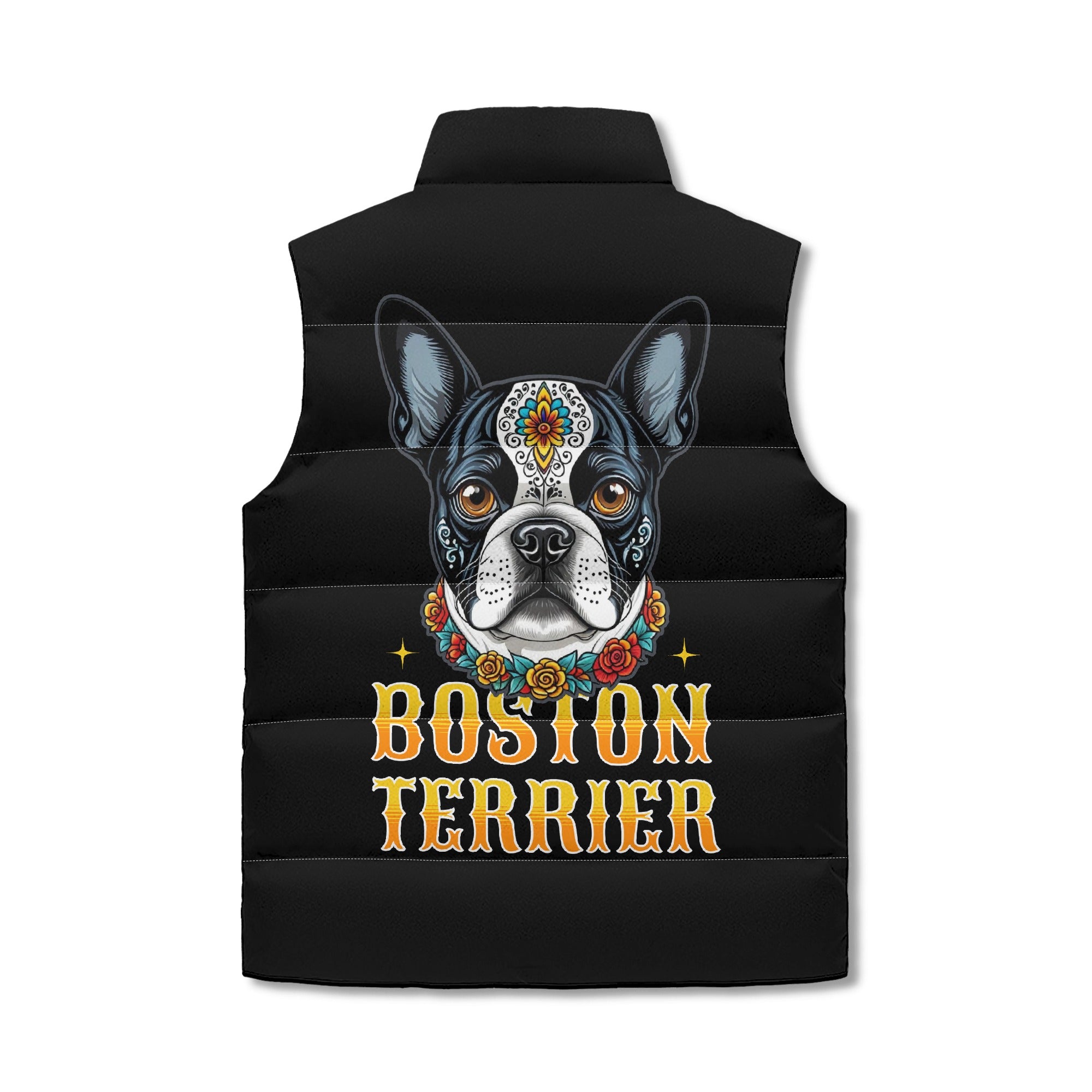 Boston Terrier Dog Sugar Skull Unisex Lightweight Zip Up Puffer Vest