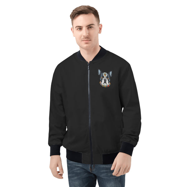 Boston Terrier Dog Sugar Skull Zip Up Bomber Jacket