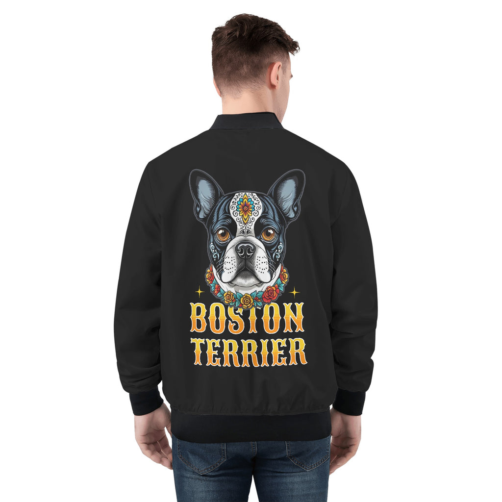 Boston Terrier Dog Sugar Skull Zip Up Bomber Jacket