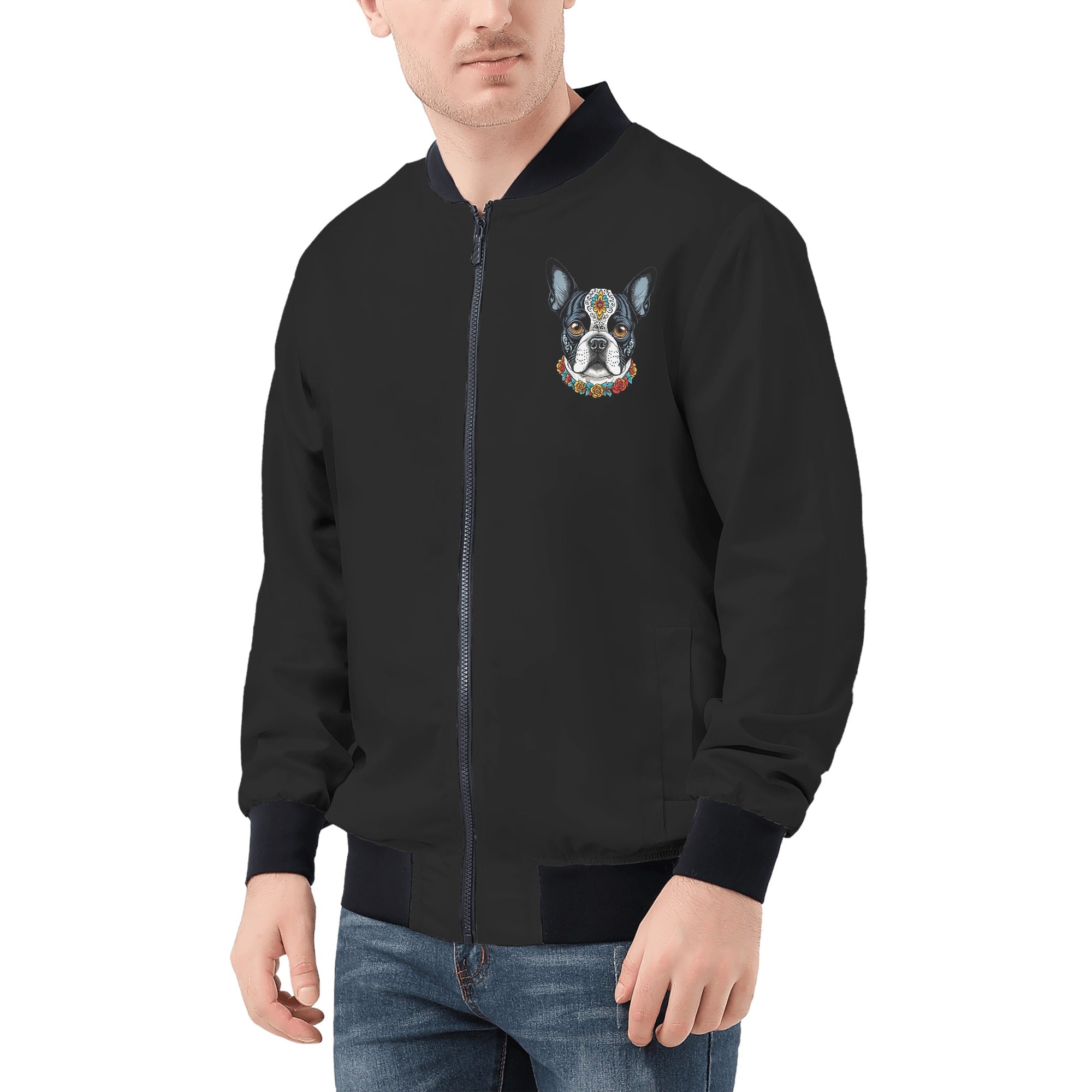 Boston Terrier Dog Sugar Skull Zip Up Bomber Jacket