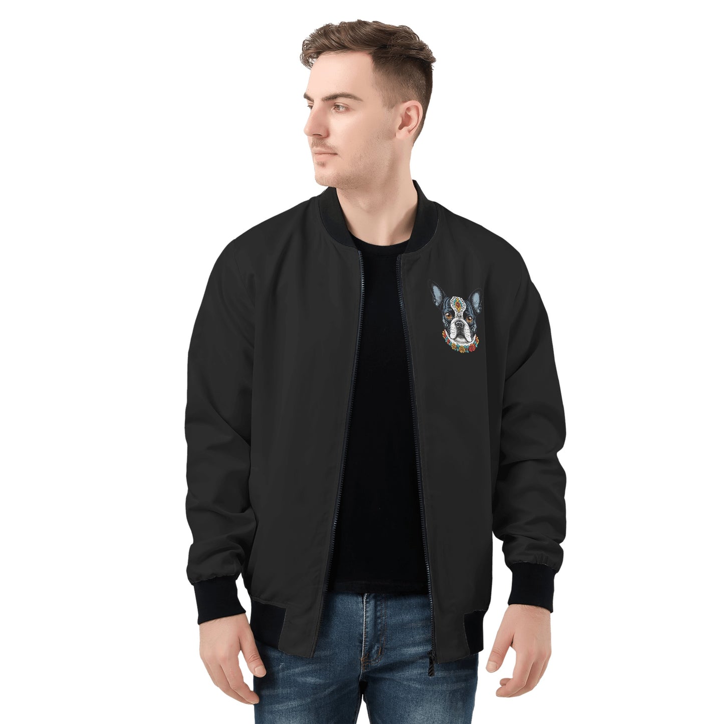 Boston Terrier Dog Sugar Skull Zip Up Bomber Jacket
