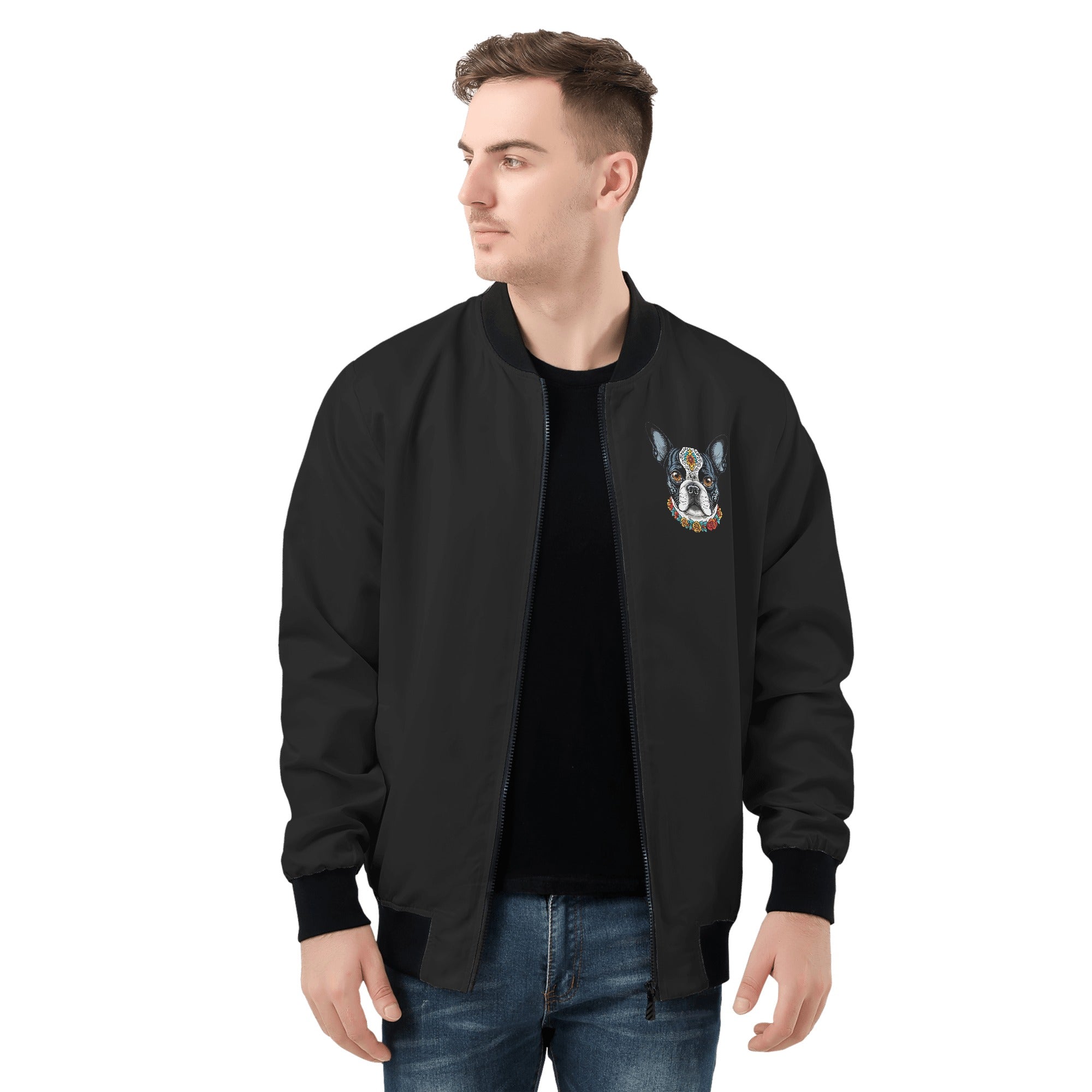 Boston Terrier Dog Sugar Skull Zip Up Bomber Jacket
