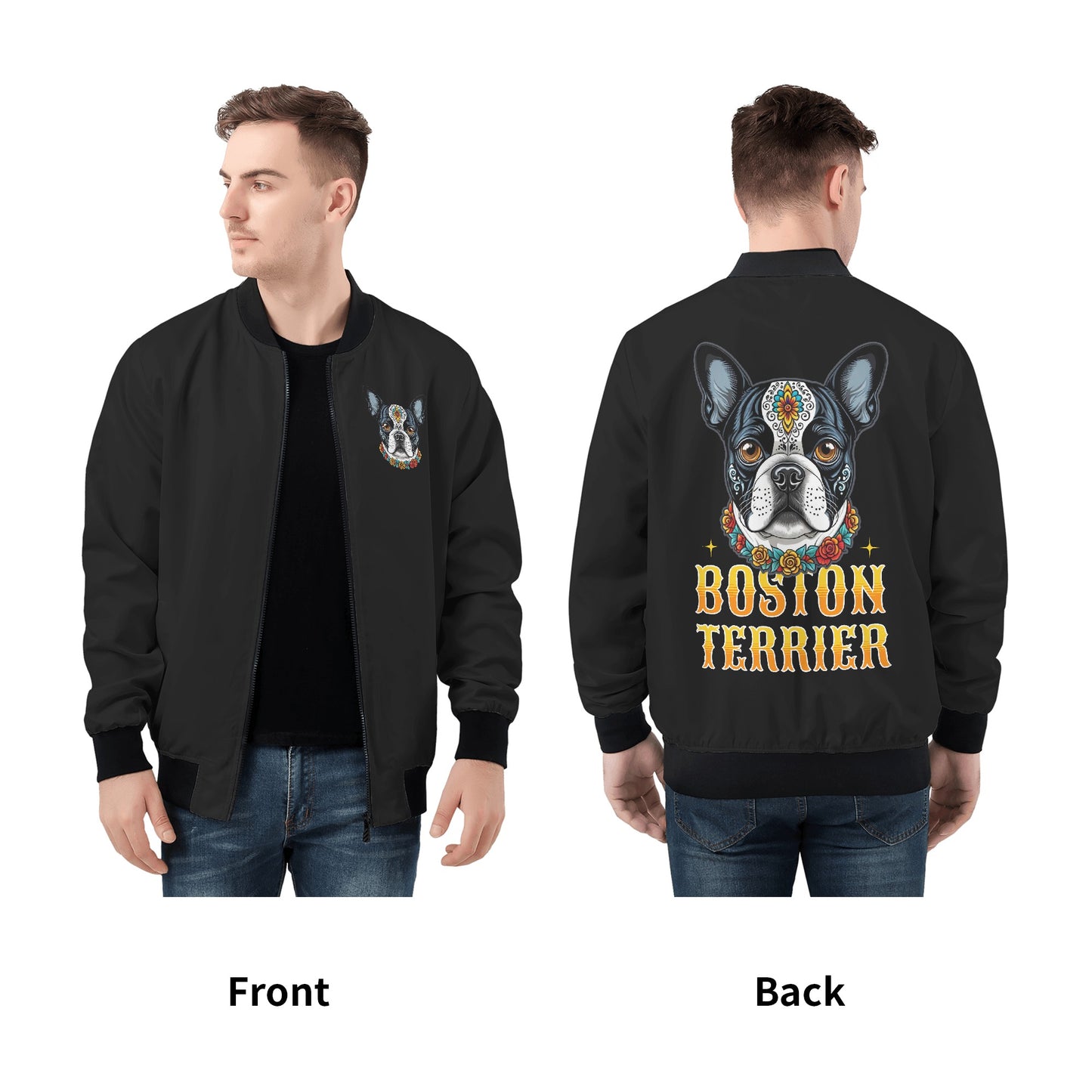 Boston Terrier Dog Sugar Skull Zip Up Bomber Jacket