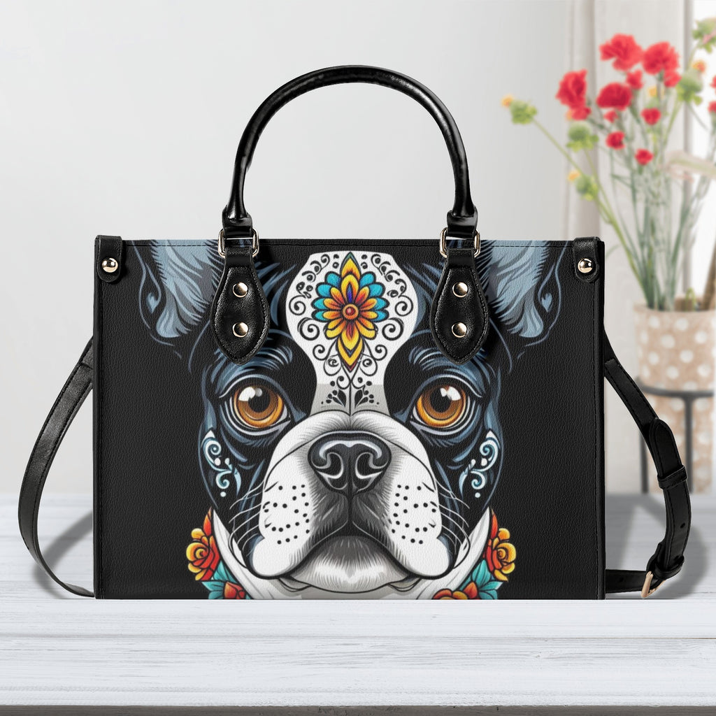 Boston Terrier Dog Sugar Skull Luxury Women PU Leather Handbag