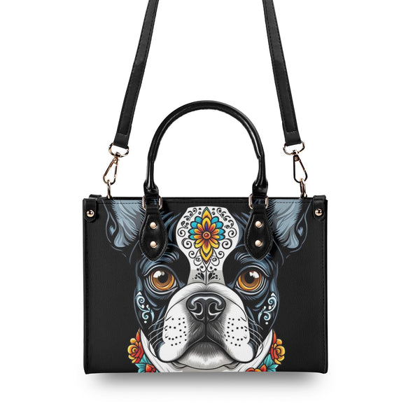 Boston Terrier Dog Sugar Skull Luxury Women PU Leather Handbag