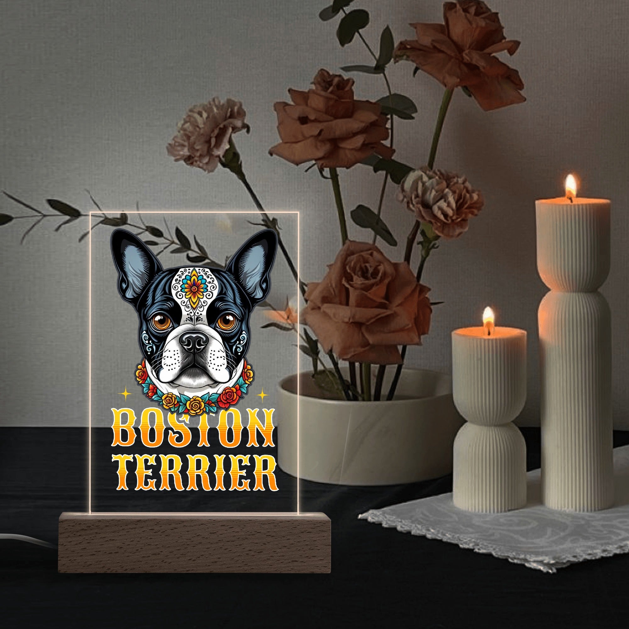 Boston Terrier Dog Sugar Skull LED Rectangle Acrylic Night Light and Wooden Base Table Decor